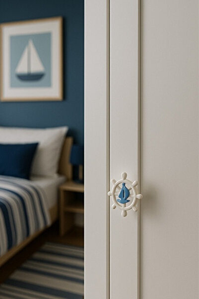 MegaVitrin 5 Pieces Blue Sailor Wheel Children's Room Furniture Handle Set - Single Screw Cabinet and Drawer Handles