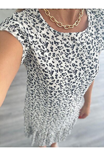 BETULAKSUBUTİK Short Sleeve Crew Neck Hem Flounce Short Woven White Dress