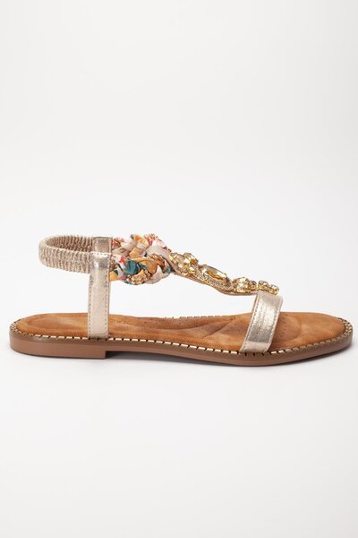 Dilimler Ayakkabı Women's Flat Heeled Sandals with Gold Stone Buckle and Tekband Mesh Hard Hat