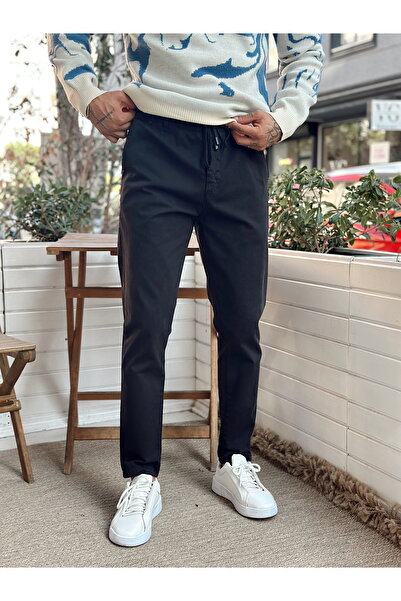 manch collection İtalyan Kesim Beli İpli Gabardin Pantolon Siyah