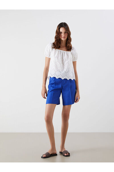 LC Waikiki Ecru Square Neck Openwork Balloon Sleeve Embroidered Blouse