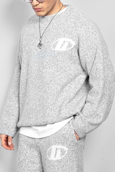 ablukaonline Men's Oversize Boxy Fit Logo Detailed Furry Sweater Gray