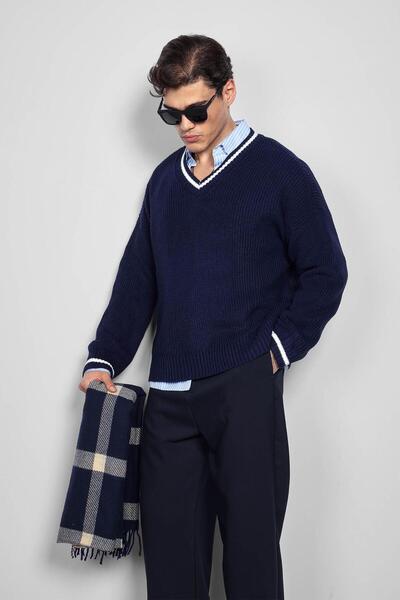 ablukaonline Pulover pentru bărbați cu decolteu în V, oversize, cu detalii contrastante, albastru închis