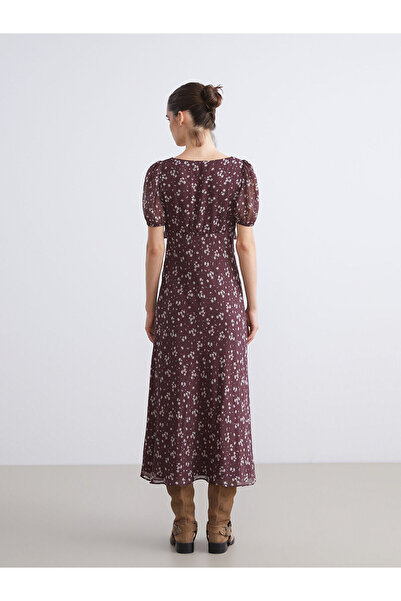 LC Waikiki Kirmizi Kalp Yaka Çiçekli Balon Kollu Elbise