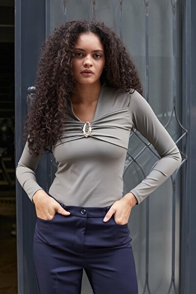 Jument Women's Lightweight Shiny Stylish Flexible Fabric V-Neck Gathered Front Long Sleeve Blouse with Accessories-Khaki