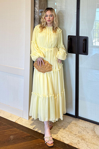 zhrcelebi Şifon Fırfırlı Elbise 9886 - SARI