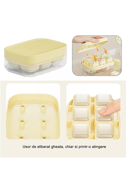 Flippy ice mold with press, food-grade silicone, 6 cubes, storage box, 10.5 x 7.5 x 4.1 cm, yellow