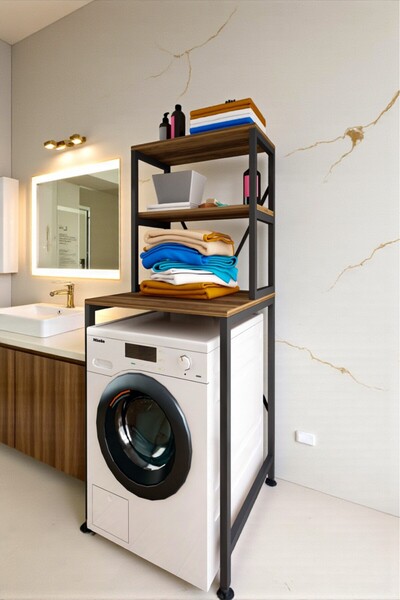 fursimo Royal Walnut Çamaşır Makinesi Üstü Düzenleyici Raf – Siyah Ayaklı