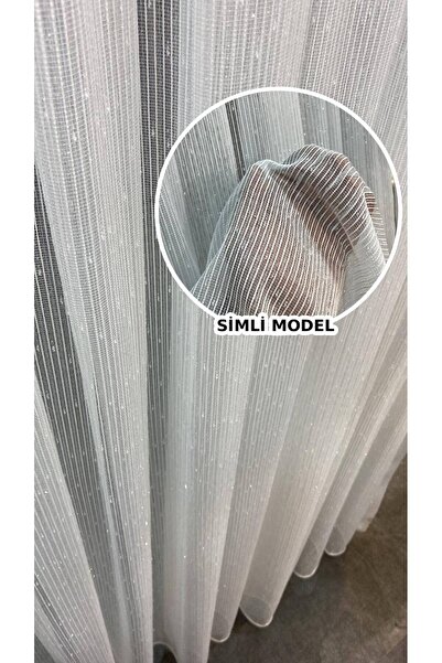 PERDEYERİ Simli Nope Desen Çizgili Kartopu Ütü İstemez 1/3 Kat Pile Ekru Tül Perde