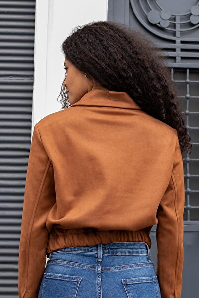 Jument Women's Lightweight Lycra Suede Fabric Collared Zippered Short Jacket with Elastic Back and Pockets - Tan