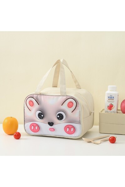 Flippy Geantă frigorifică portabilă cu desene animate 3D pentru prânzul copiilor, pânză Oxford, 27,5x18x20 cm, model de șoarece, bej