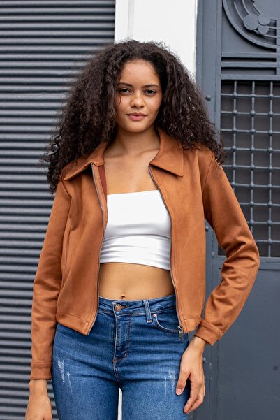 Jument Women's Lightweight Lycra Suede Fabric Collared Zippered Short Jacket with Elastic Back and Pockets - Tan