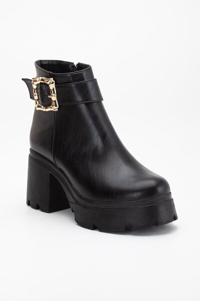 Dilimler Ayakkabı Siyah Kadın Platform Topuklu Bot Tokalı Suni Deri