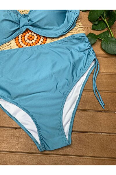VAJESTO Kadın Turkuaz Likralı Esnek Şık Rahat Büyük Beden Telli Balenli Toparlayıcı Yüksek Bel Bikini Takım