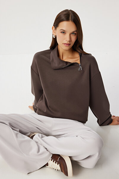 Lovelyİstanbul Yumuşak Dokulu Yan Fermuarlı Modal Sweatshirt LUB0250 KAHVERENGİ