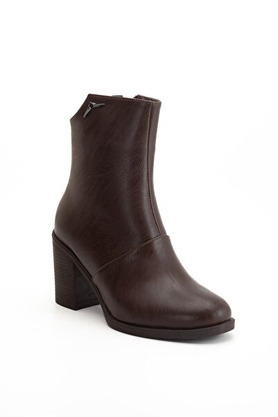 Dilimler Ayakkabı Brown Women's Heeled Boots Thermo Sole Thick Heeled Faux Leather Face Piece