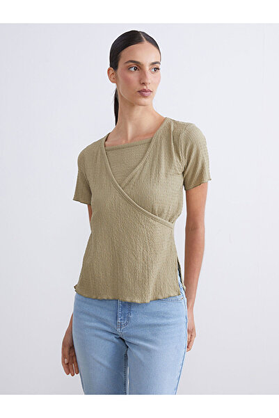 LC Waikiki Khaki Double Breasted Collar Textured Blouse