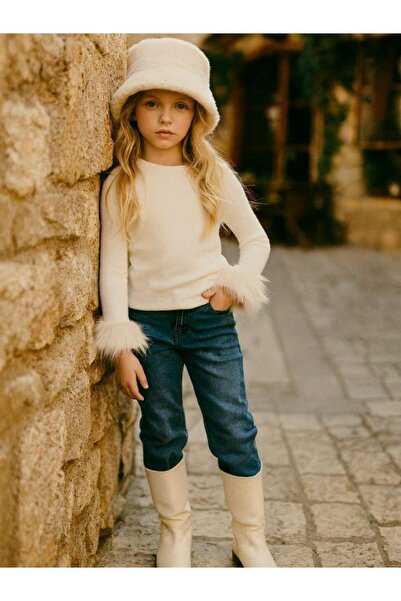 Zekids Girls' Fuzzy Sleeves Soft Textured Design Sweater