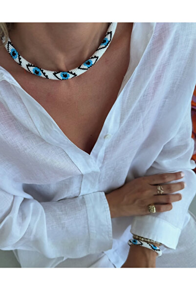 PAYE JEWELRY Göz Detaylı Beyaz Kum Boncuk Kolye