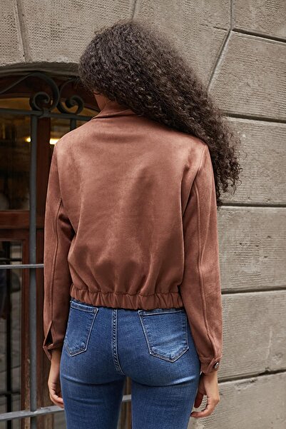 Jument Women's Lightweight Lycra Suede Fabric Collared Zippered Short Jacket with Elastic Back and Pockets - Mink