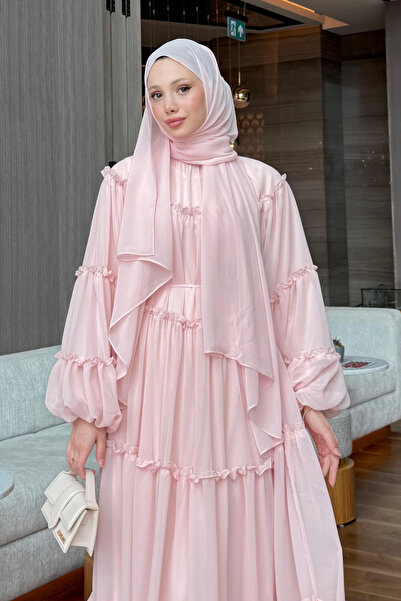 Salih Çelebi Şifon Fırfırlı Elbise 9886 - PEMBE