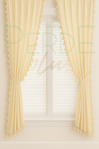 Perdeplus Tassel Detailed Honeycomb Top Bohemian Background Curtain, Single Panel, Cornice and Rustic Compatible