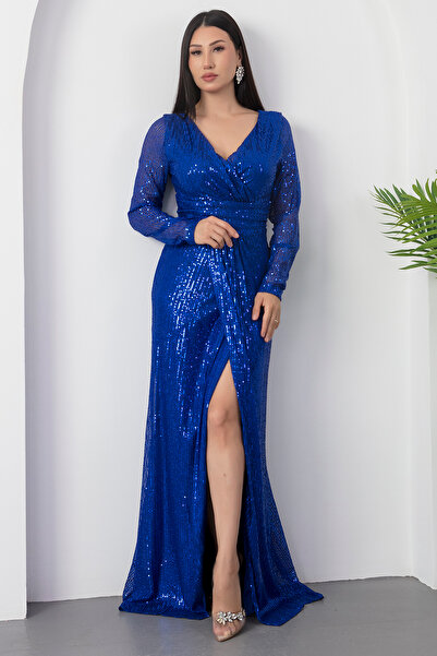 PULLIMM Kruvaze Yaka Uzun Kol Yırtmaçlı Pulpayet Elbise AP-3030