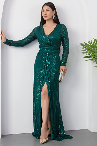 PULLIMM Kruvaze Yaka Uzun Kol Yırtmaçlı Pulpayet Elbise AP-3030