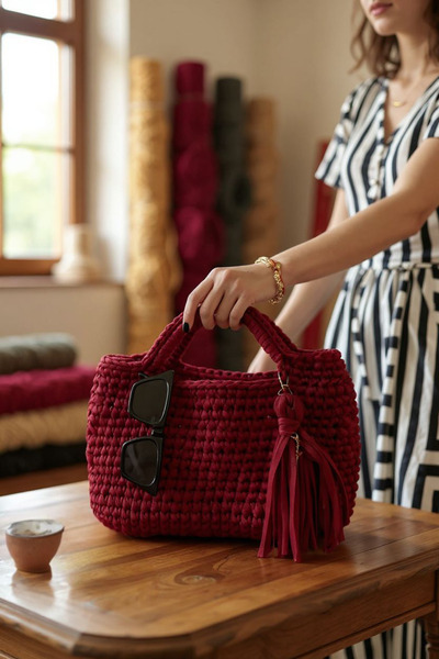 maia Burgundy Hand-Knitted Tassel Shoulder Bag – Thick Knitting and Stylish P...