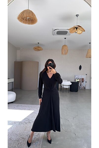 Buket Teke Siyah Düğüm Detaylı V Yaka Elbise