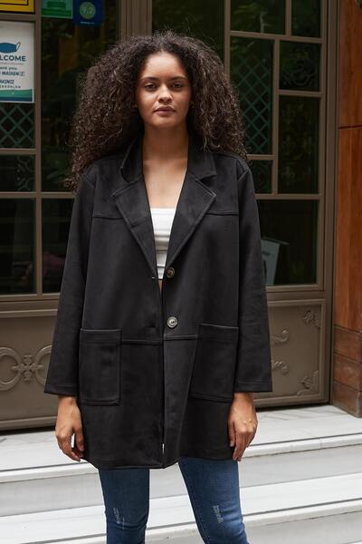 Jument Women's Lightweight Lycra Suede Fabric Collared Long Sleeve Pocketed Sport Stitched Oversize Jacket Coat-Black