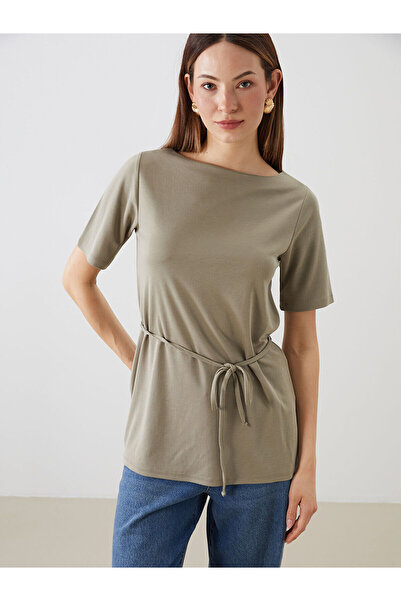 LC Waikiki Χακί Γυναικείο T-Shirt με λαιμόκοψη Kayık Μοντάλ σε συνδυασμό χρωμ...
