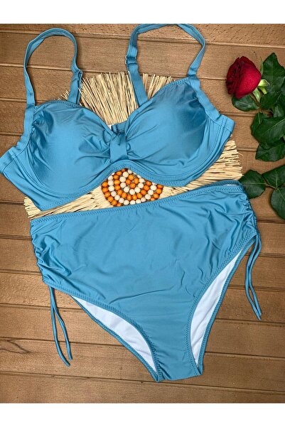 VAJESTO Kadın Turkuaz Likralı Esnek Şık Rahat Büyük Beden Telli Balenli Toparlayıcı Yüksek Bel Bikini Takım