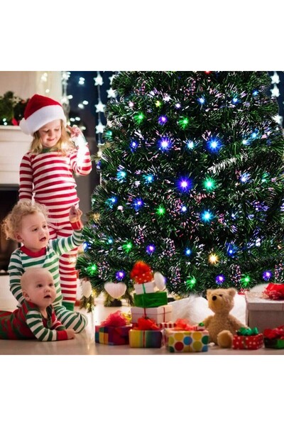 PROCART Artificial Christmas tree, illuminated with fiber optics and LEDs, 210 cm, multicolor lights