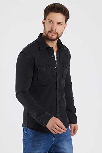e-Fendi Erkek Siyah Uzun Kollu Çıtçıtlı Çift Cep Çift Kapaklı Likralı Esnek Denim Görünümlü Gabardin Gömlek