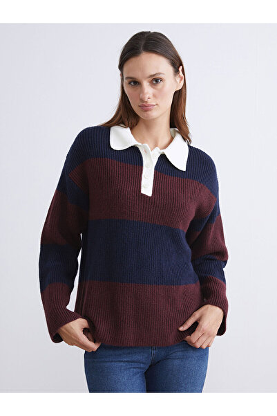 LC Waikiki Γυναικείο πλεκτό πουλόβερ με γιακά μπορντό αντίθεση χρωμάτων