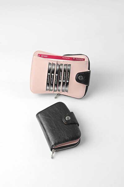 CENGİZ PAKEL Küçük Boy Desenli Kadın Cüzdan/Portföy - 65308 - Siyah/Pudra