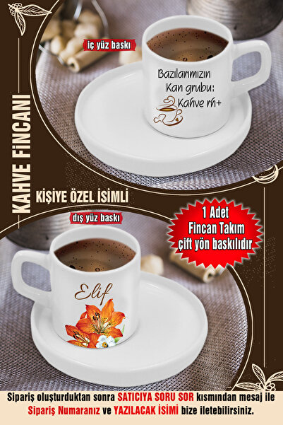 GÜZEL İŞLER ATÖLYESİ Kişiye Özel İsimli Türk Kahvesi Fincanı (Turuncu Çiçek D...