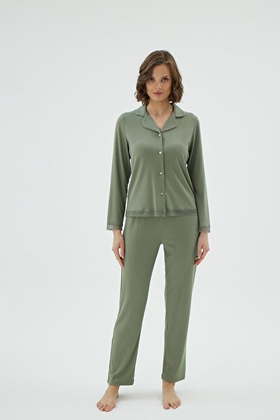 Sevim Жіночий зелений сорочковий комір на ґудзиках з мереживними деталями, піжамний комплект з довгими рукавами C4T1N171