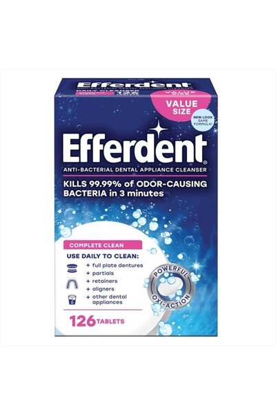 efferdent أقراص تنظيف المثبتات، أقراص تنظيف أطقم الأسنان للأجهزة السنية، تنظيف كامل،