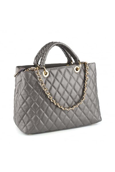 AZZURA Natalia bag, 100% natural gray leather with quilted look, gold chain