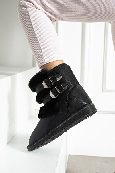 CCWAY AYAKKABI Çift Tokalı İnce Taban Kadın Bot SİYAH SULTAN