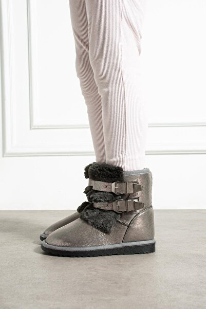 CCWAY AYAKKABI Çift Tokalı İnce Taban Kadın Bot PLATİN SULTAN