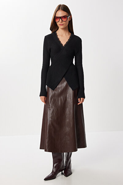 Lovelyİstanbul Pulover din tricot cu guler dublu cu dantelă LRG0045 NEGRU