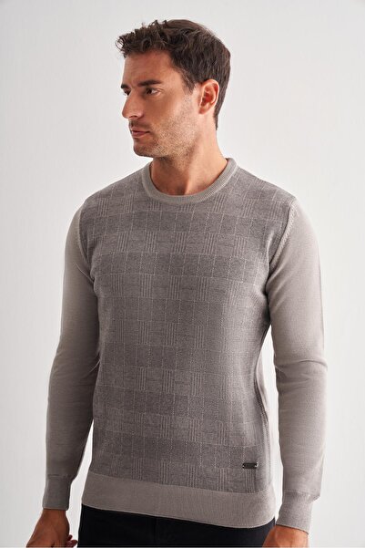 İmza Ανοιχτό γκρι πουλόβερ με μακρύ μανίκι χωρίς τσέπες Comfort Fit βαμβακερό πλεκτό πουλόβερ 1012255217