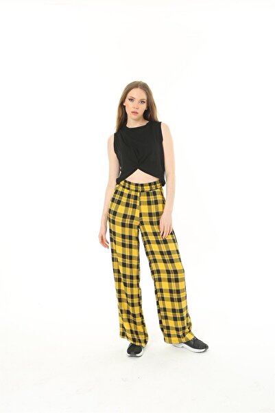 loia Women's Yellow Plaid Patterned Wide Leg Pants Elastic Waistband Comforta...