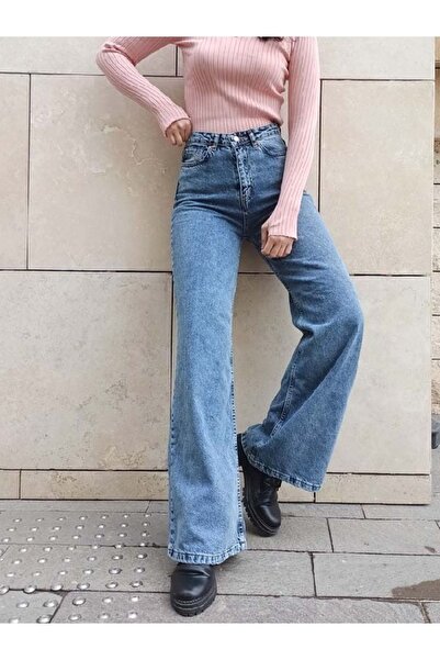 mooishan Γυναικείο Casual Palazzo Jeans παντελόνι Wide Leg Snow Wash