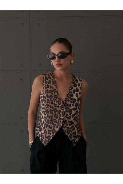 BETULAKSUBUTİK Leopard Pattern Linen Vest