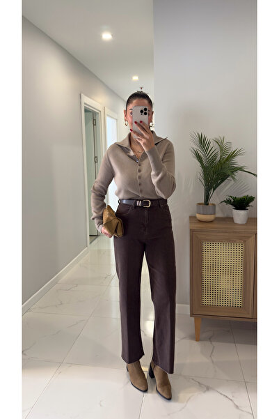 BİRCANÇİL بنطلون جينز مستقيم من ميلوتي كافيه ويتشينج كيستد باتش مع حزام