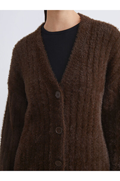 LC Waikiki Kahverengi V Yaka Kadın Pelüş Triko Hırka